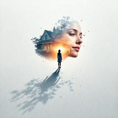 The primary subject of the image is a woman, who is the main focus of the scene. She is walking away from a house, which serves as the setting or background of the image. The visual style of the image is digital art, as it is a well-crafted and detailed illustration. The colors and mood of the image are warm and inviting, with the woman's figure and the house creating a sense of tranquility and serenity.